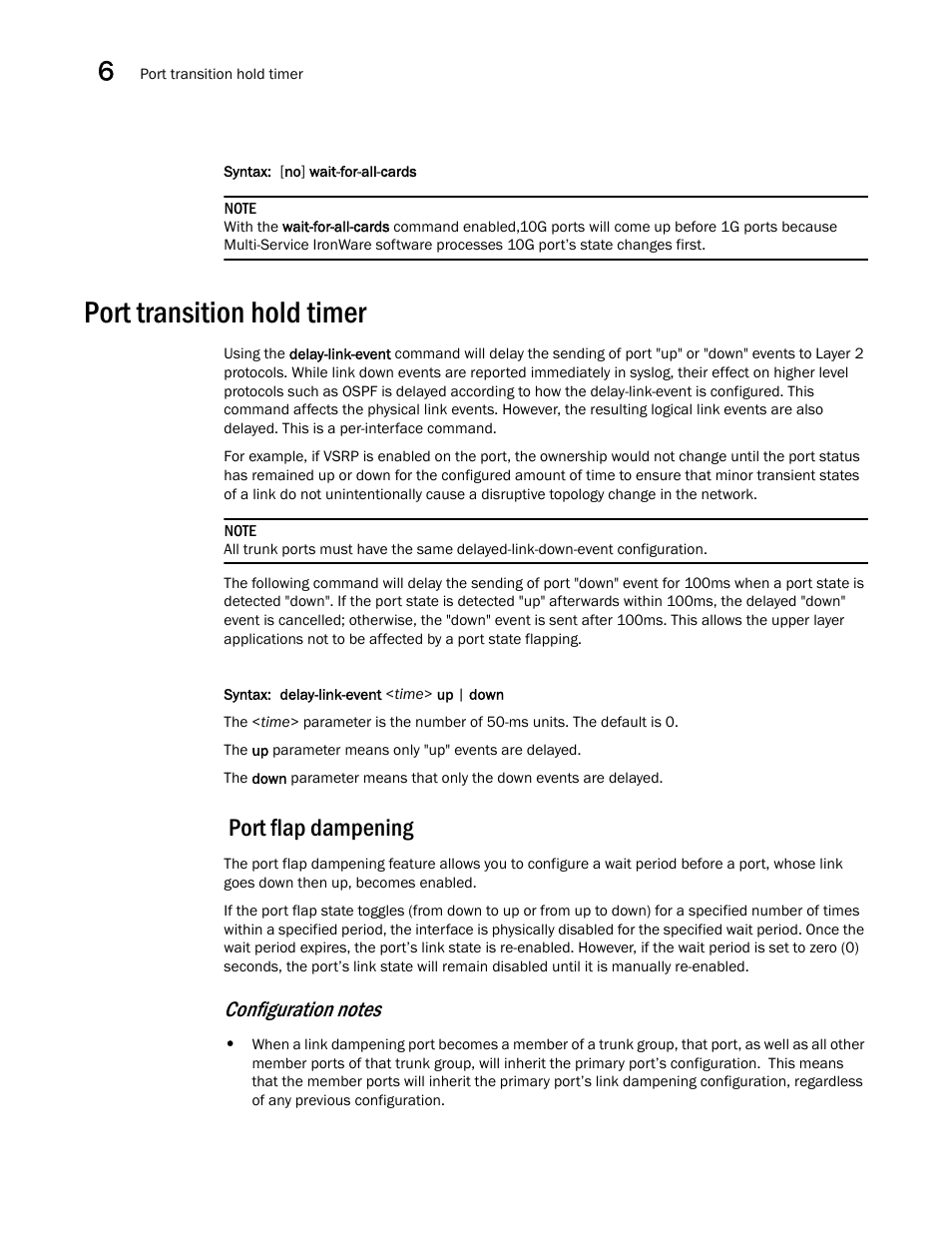 Port transition hold timer, Port flap dampening, Port transition | Hold timer | Brocade BigIron RX Series Configuration Guide User Manual | Page 226 / 1550