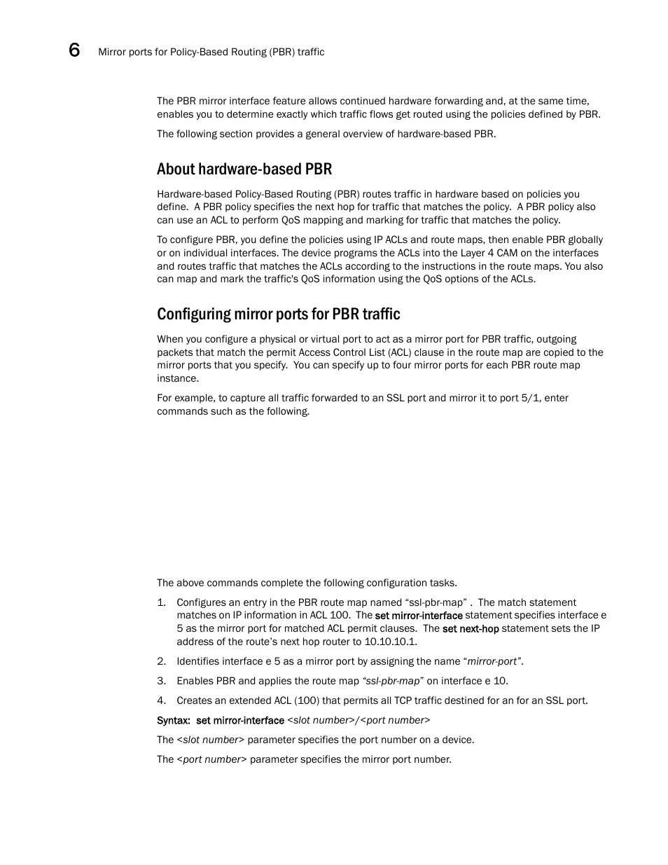 About hardware-based pbr, Configuring mirror ports for pbr traffic | Brocade BigIron RX Series Configuration Guide User Manual | Page 230 / 1550