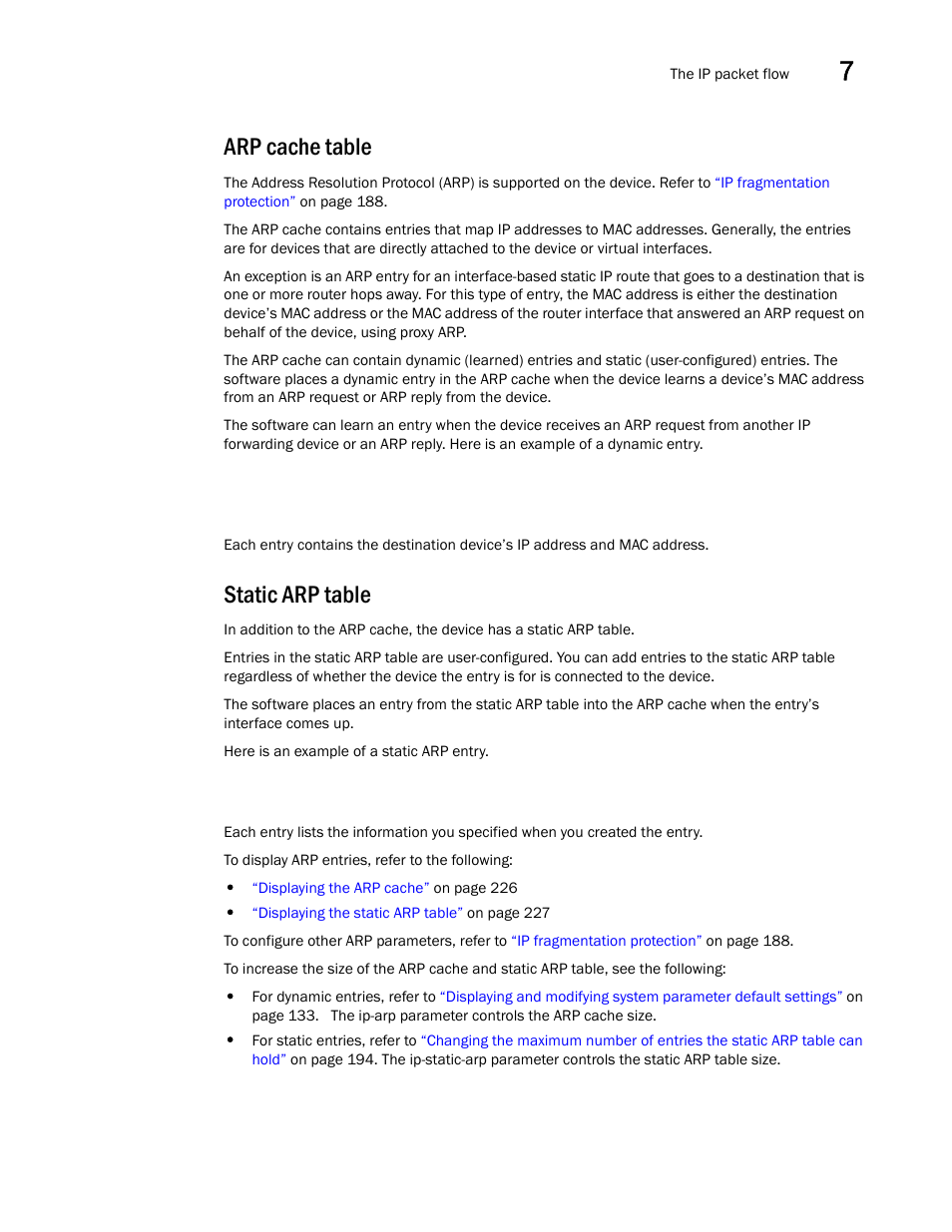 Arp cache table, Static arp table | Brocade BigIron RX Series Configuration Guide User Manual | Page 235 / 1550