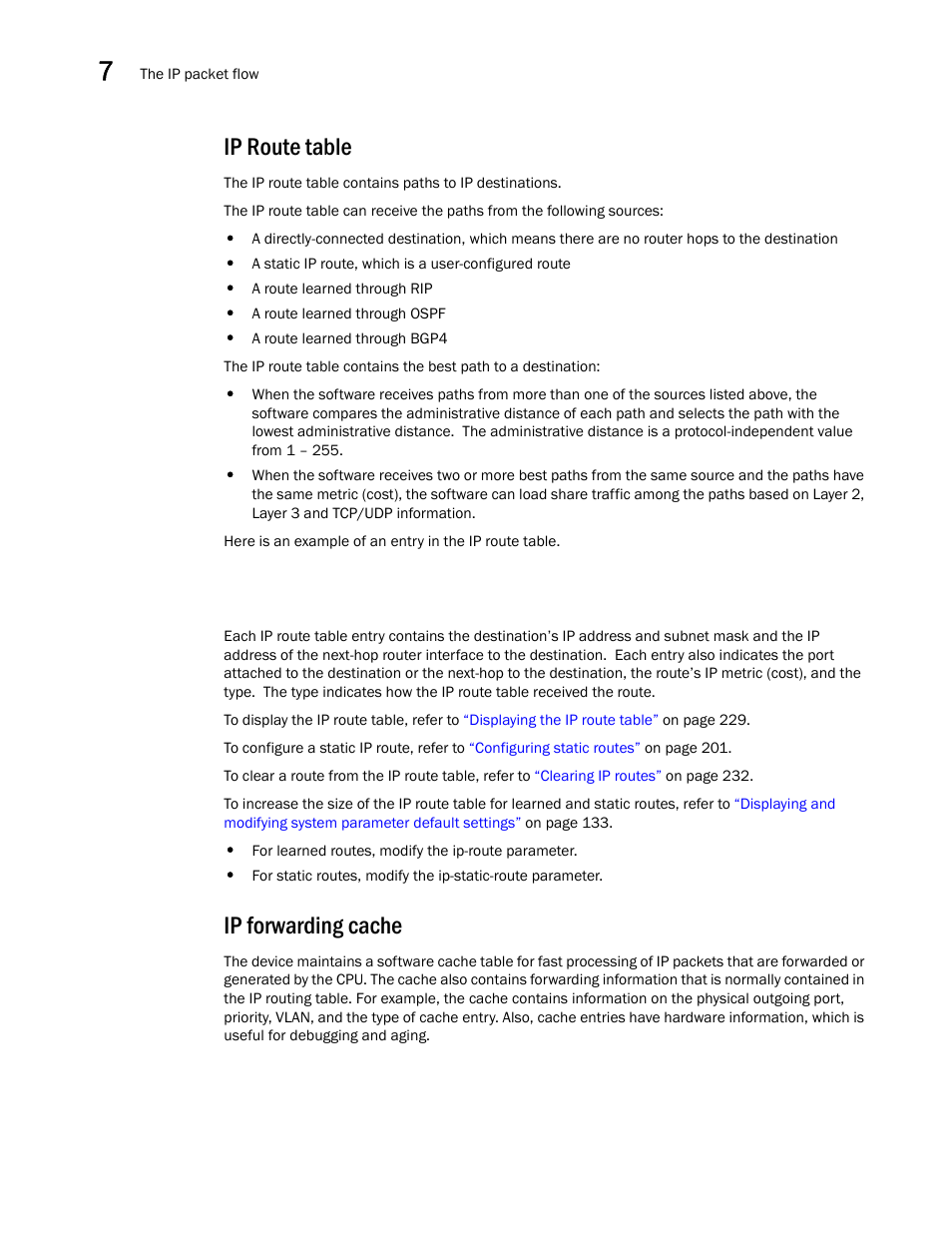 Ip route table, Ip forwarding cache | Brocade BigIron RX Series Configuration Guide User Manual | Page 236 / 1550