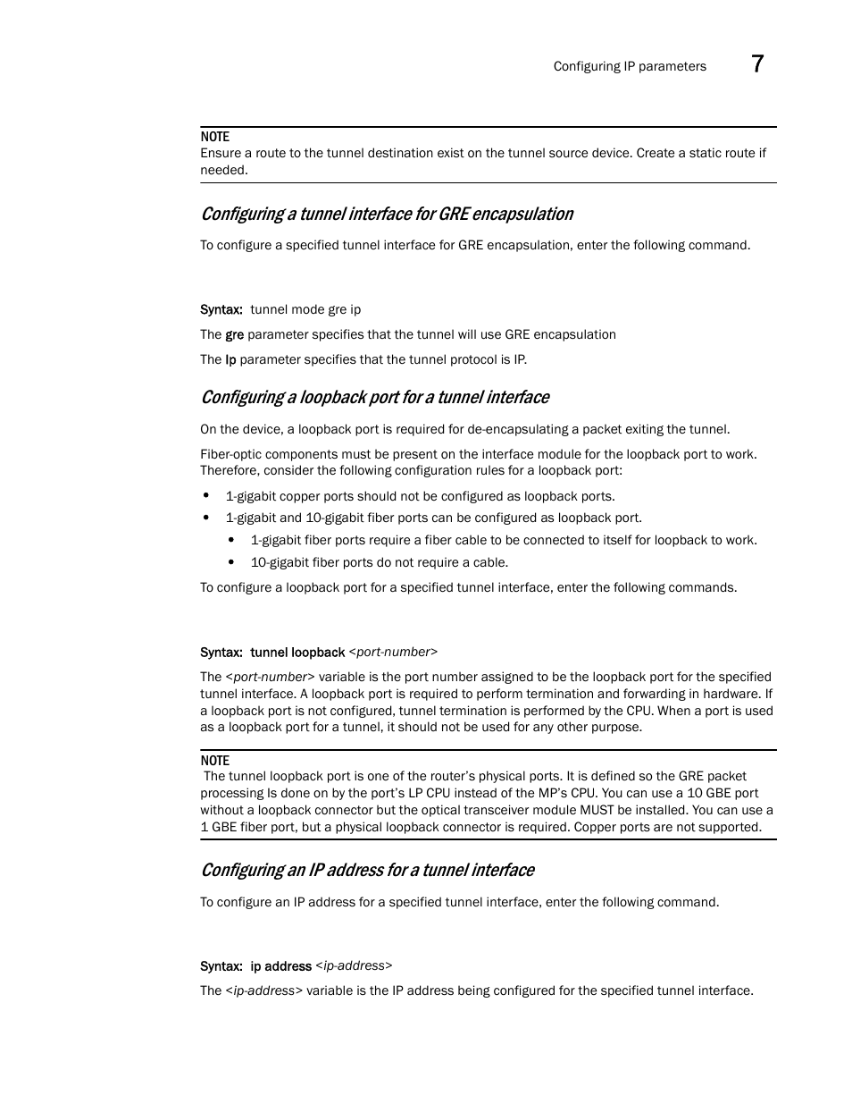 Configuring a loopback port for a tunnel interface, Configuring an ip address for a tunnel interface | Brocade BigIron RX Series Configuration Guide User Manual | Page 247 / 1550