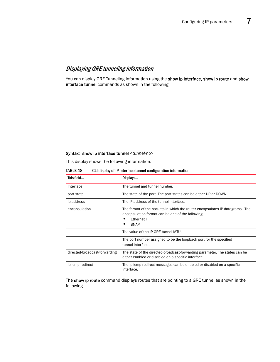 Displaying gre tunneling information | Brocade BigIron RX Series Configuration Guide User Manual | Page 249 / 1550