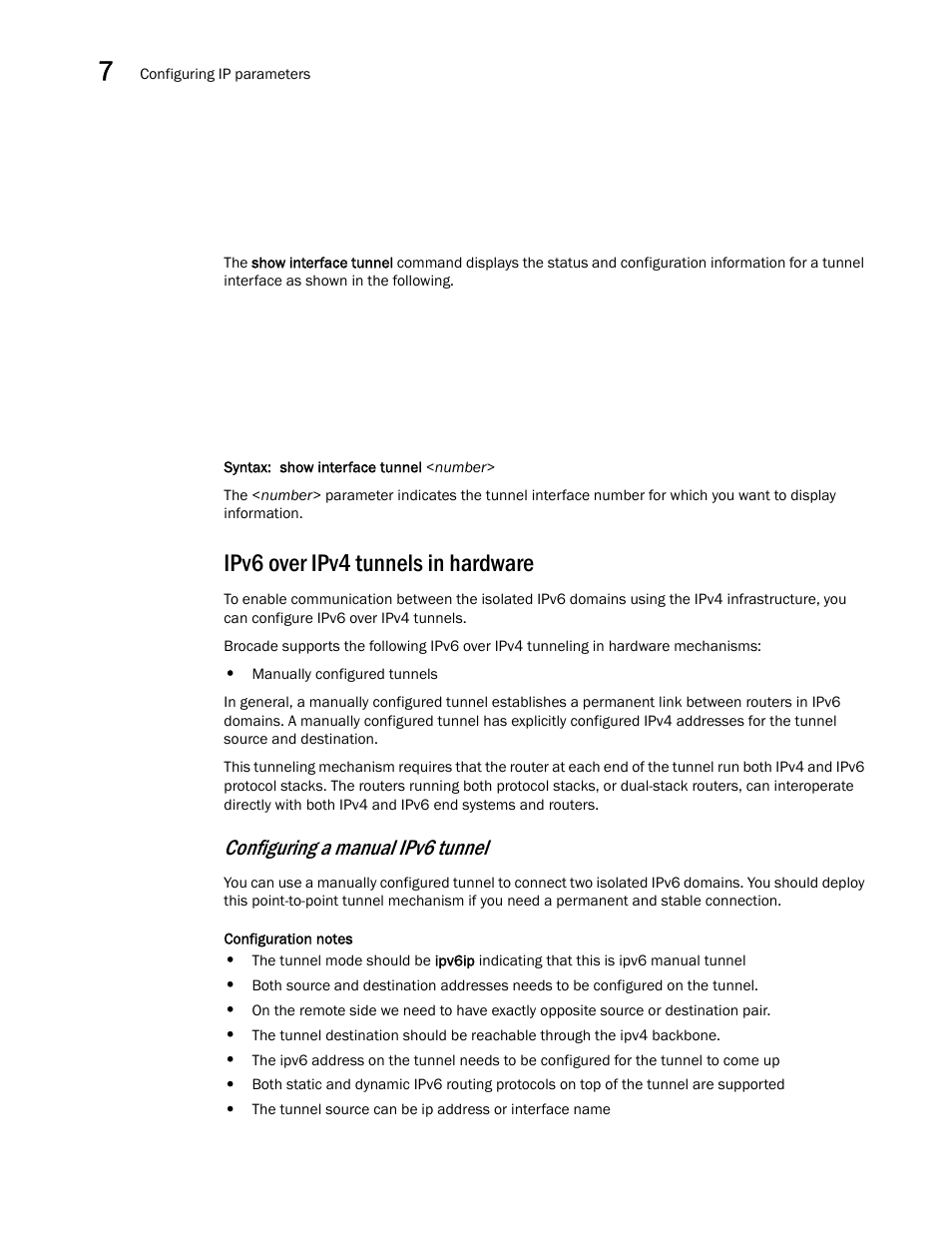 Ipv6 over ipv4 tunnels in hardware, Ipv6 over ipv4, Tunnels in hardware | Configuring a manual ipv6 tunnel | Brocade BigIron RX Series Configuration Guide User Manual | Page 250 / 1550