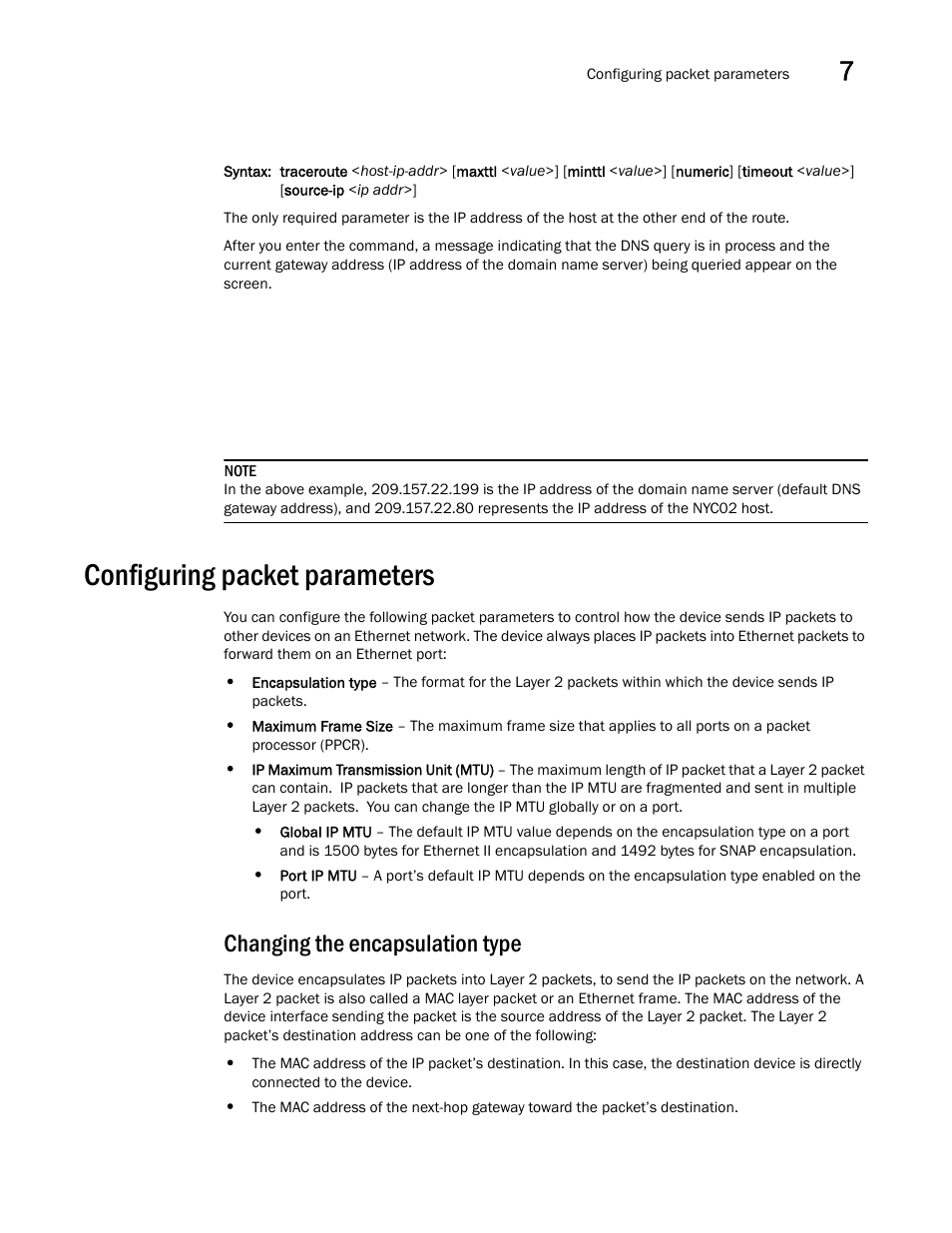Configuring packet parameters, Changing the encapsulation type | Brocade BigIron RX Series Configuration Guide User Manual | Page 259 / 1550