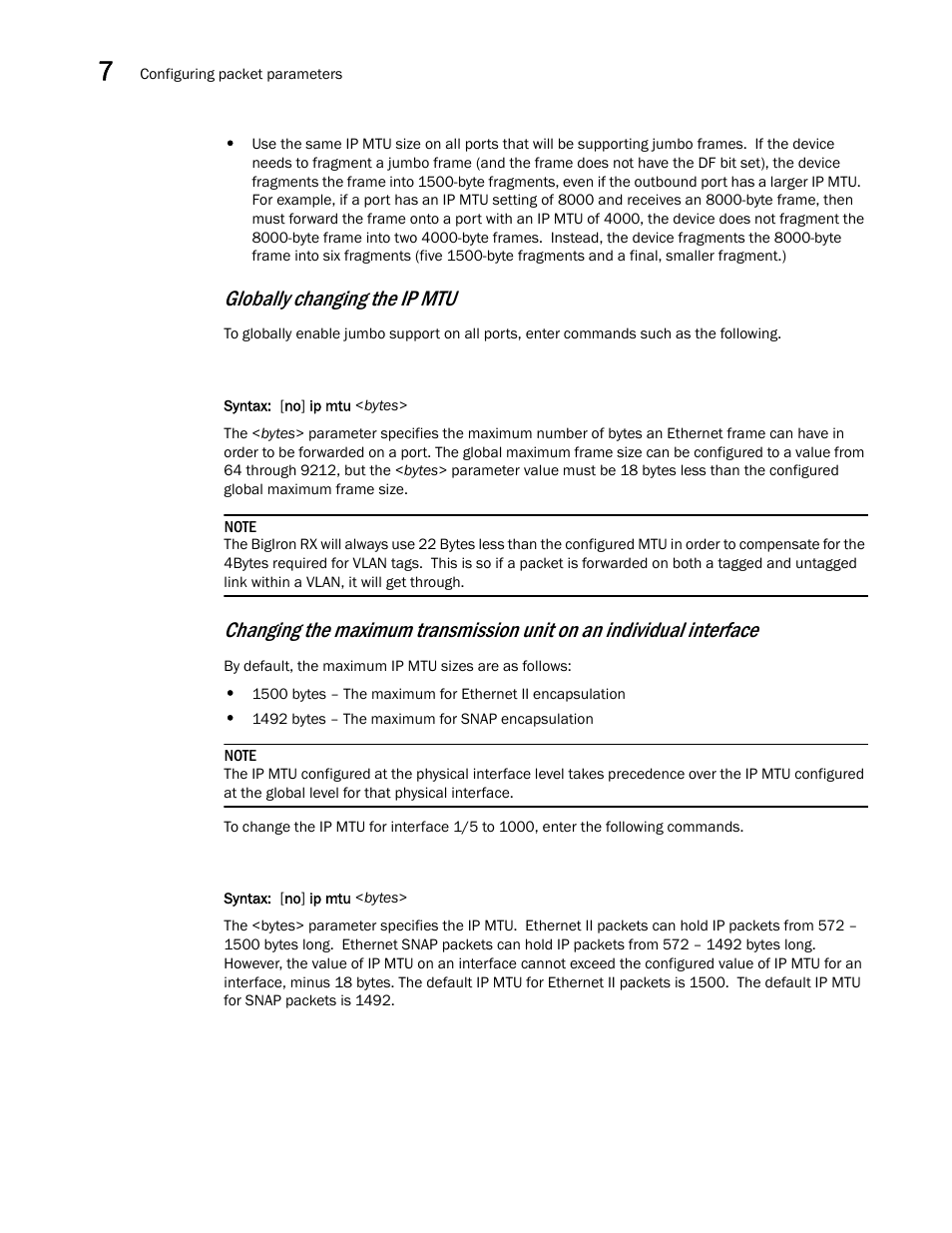 Changing the, Globally changing the ip mtu | Brocade BigIron RX Series Configuration Guide User Manual | Page 262 / 1550