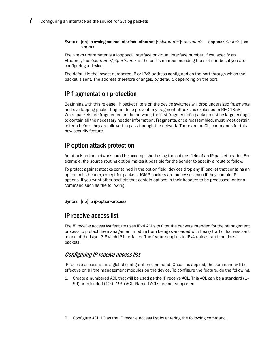 Ip fragmentation protection, Ip option attack protection, Ip receive access list | Ip fragmentation, Protection, Ip option attack, Configuring ip receive access list | Brocade BigIron RX Series Configuration Guide User Manual | Page 266 / 1550
