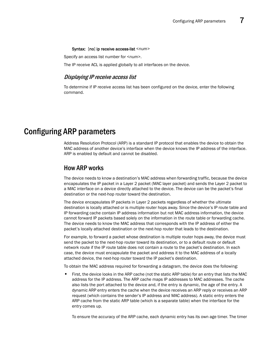 Configuring arp parameters, How arp works, Displaying ip receive access list | Brocade BigIron RX Series Configuration Guide User Manual | Page 267 / 1550