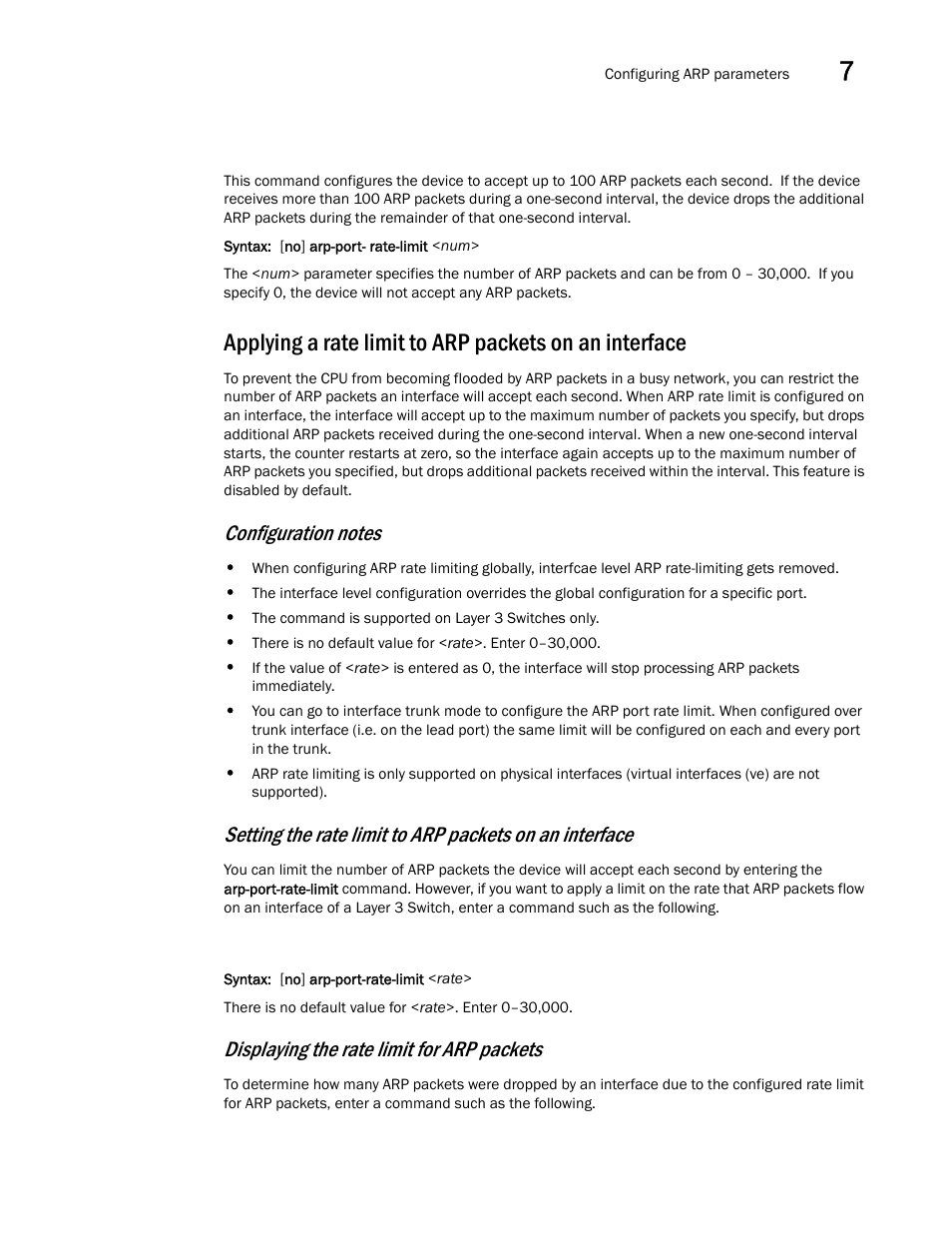 Applying a rate, Limit to arp packets on an interface, Displaying the rate limit for arp packets | Brocade BigIron RX Series Configuration Guide User Manual | Page 269 / 1550