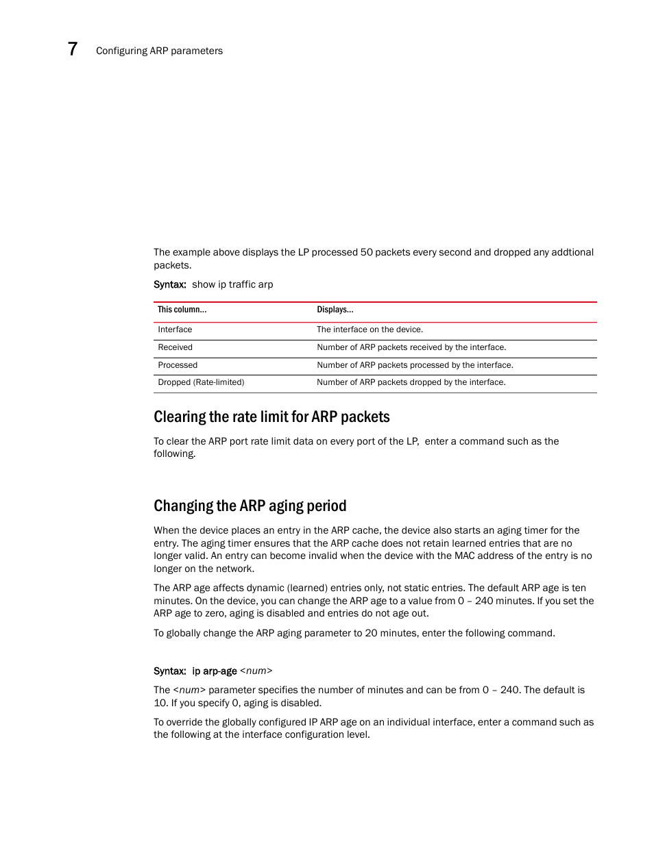 Clearing the rate limit for arp packets, Changing the arp aging period | Brocade BigIron RX Series Configuration Guide User Manual | Page 270 / 1550