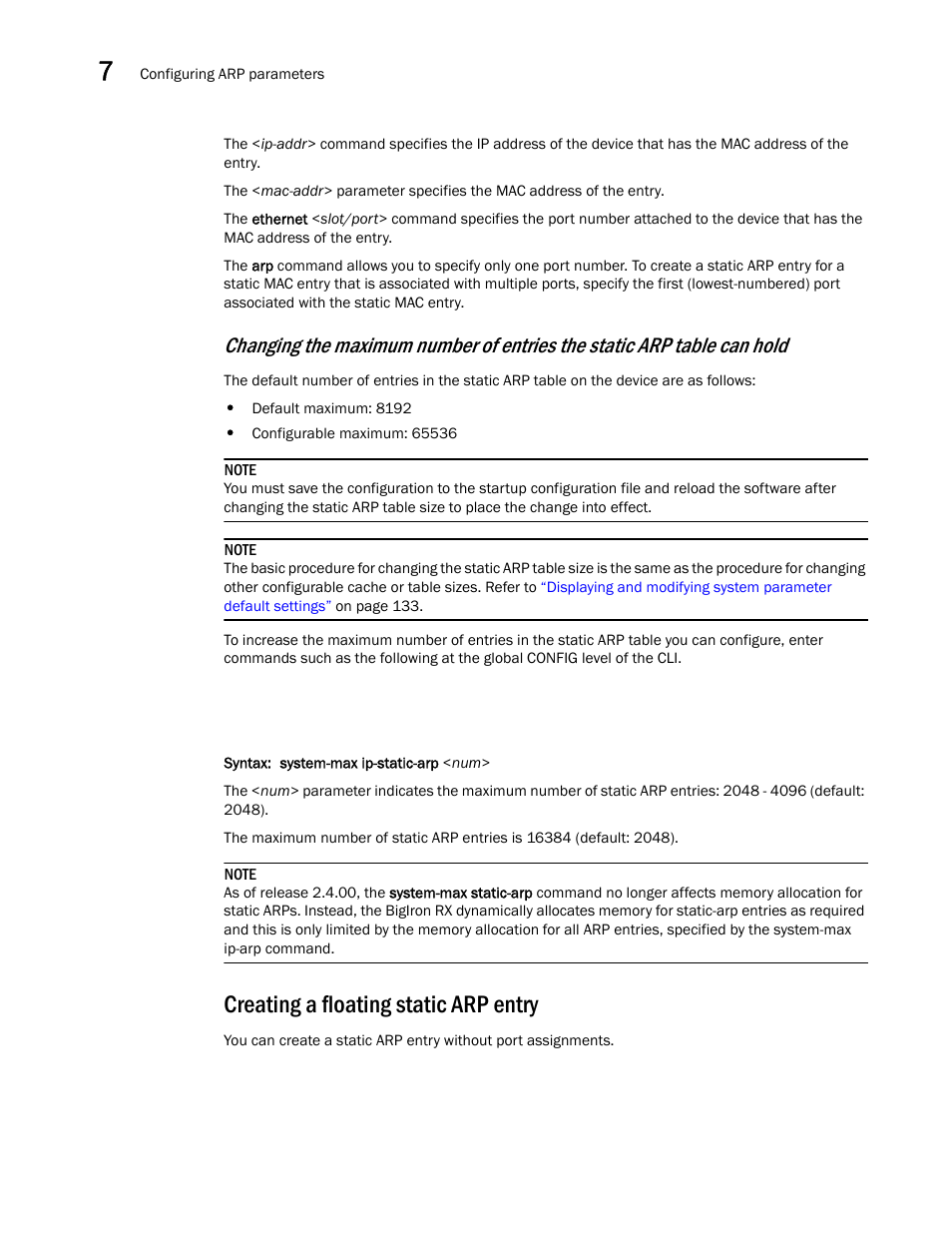 Creating a floating static arp entry, Creating a, Floating static arp entry | Hold, Changing the maximum, Number of entries the static arp table can hold | Brocade BigIron RX Series Configuration Guide User Manual | Page 272 / 1550