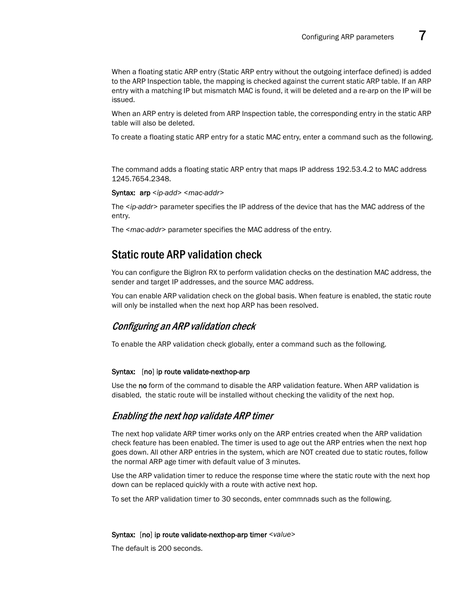 Static route arp validation check, Static route arp, Validation check | Configuring an arp validation check, Enabling the next hop validate arp timer | Brocade BigIron RX Series Configuration Guide User Manual | Page 273 / 1550