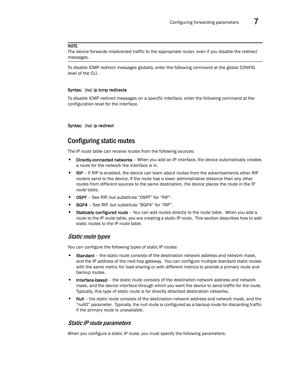 Configuring static routes, Static route types, Static ip route parameters | Brocade BigIron RX Series Configuration Guide User Manual | Page 279 / 1550