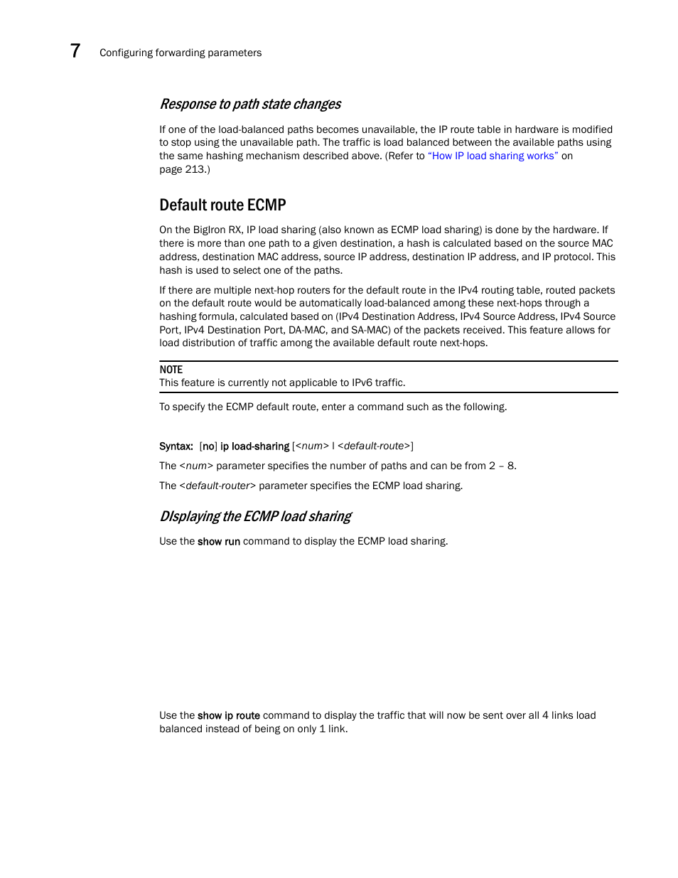 Default route ecmp, Default route, Ecmp | Response to path state changes, Displaying the ecmp load sharing | Brocade BigIron RX Series Configuration Guide User Manual | Page 292 / 1550