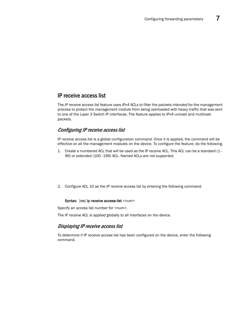 Ip receive access list, Configuring ip receive access list, Displaying ip receive access list | Brocade BigIron RX Series Configuration Guide User Manual | Page 293 / 1550