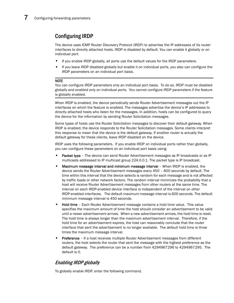 Configuring irdp, Enabling irdp globally | Brocade BigIron RX Series Configuration Guide User Manual | Page 294 / 1550