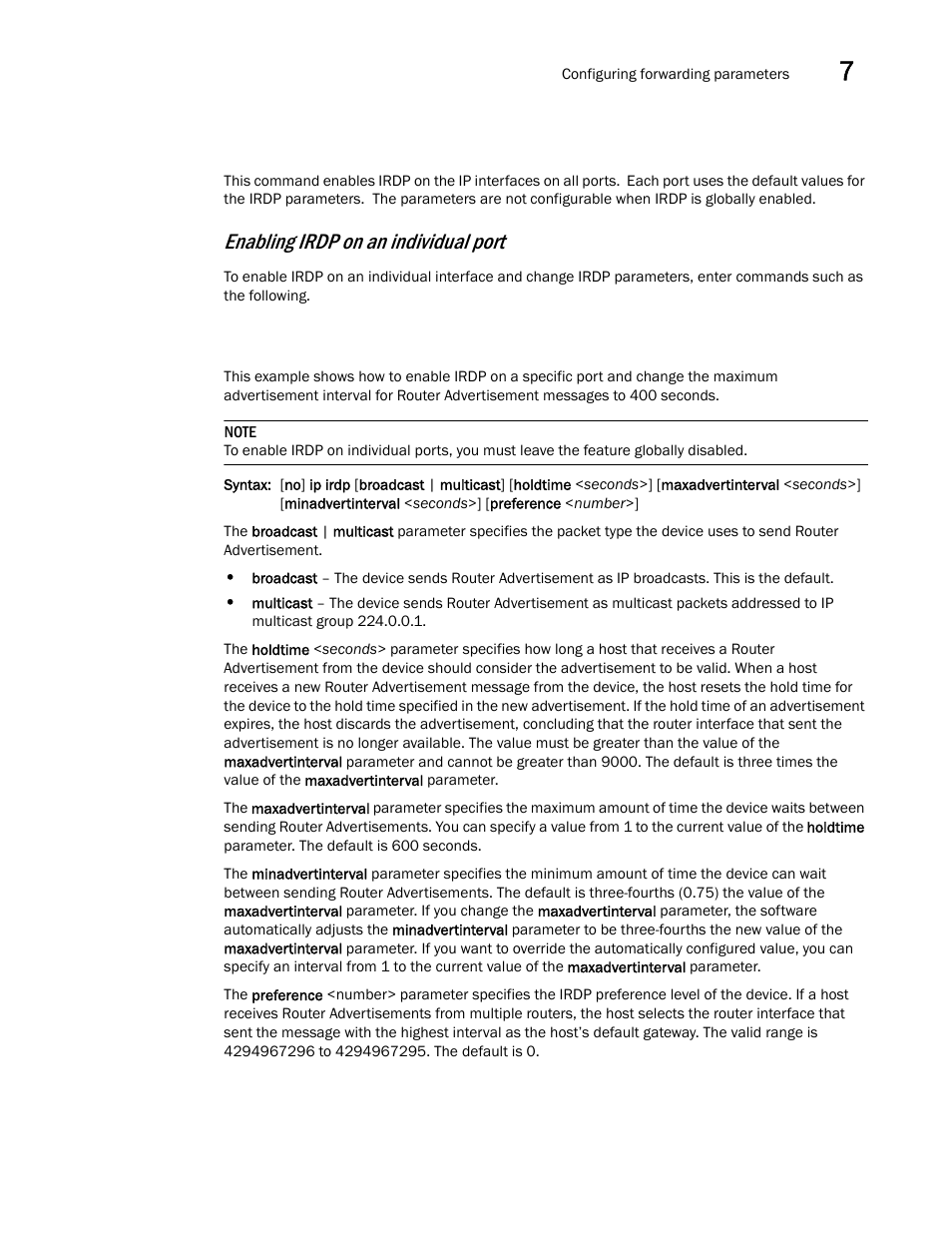 Enabling irdp on an individual port | Brocade BigIron RX Series Configuration Guide User Manual | Page 295 / 1550