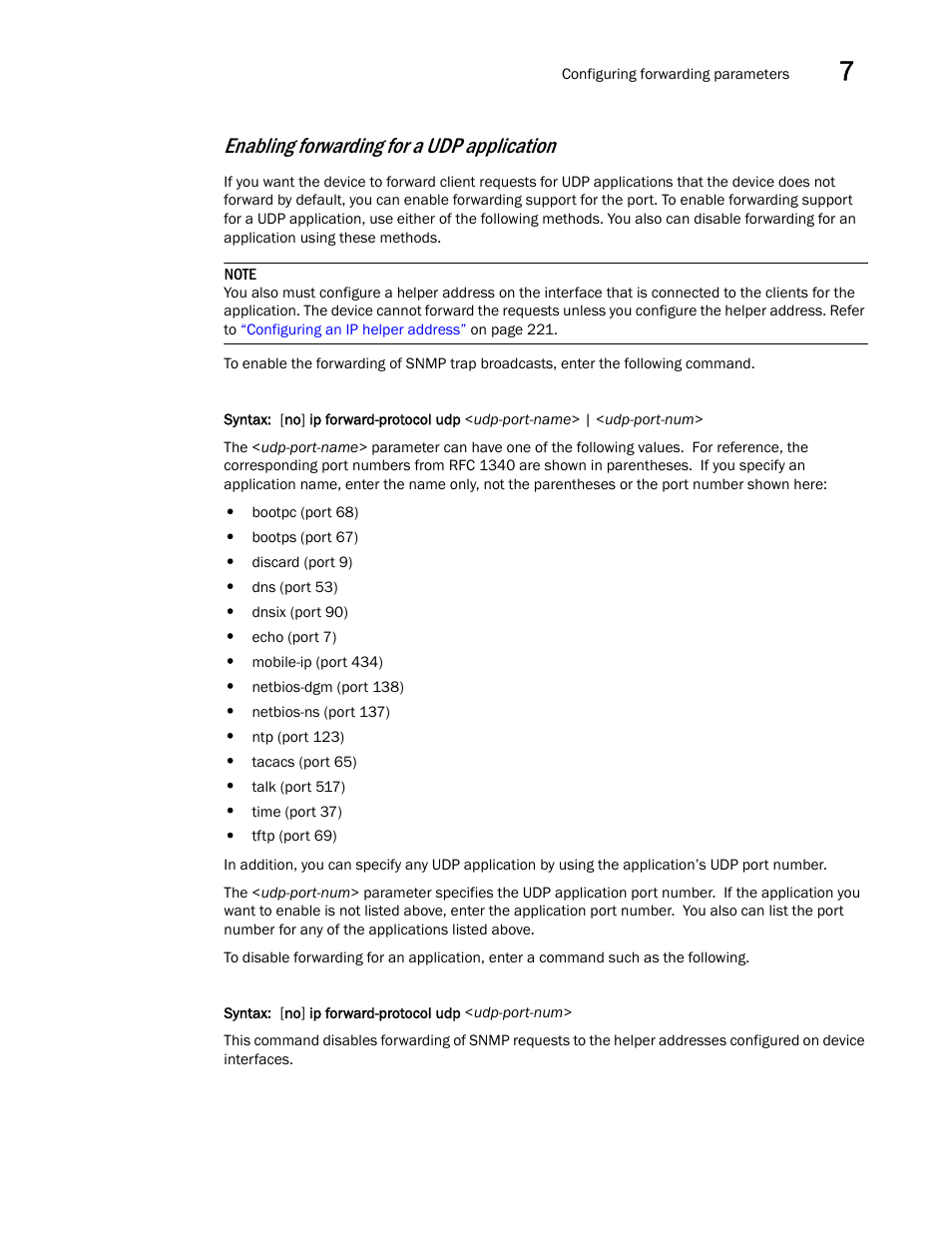 Enabling forwarding for a udp application | Brocade BigIron RX Series Configuration Guide User Manual | Page 297 / 1550