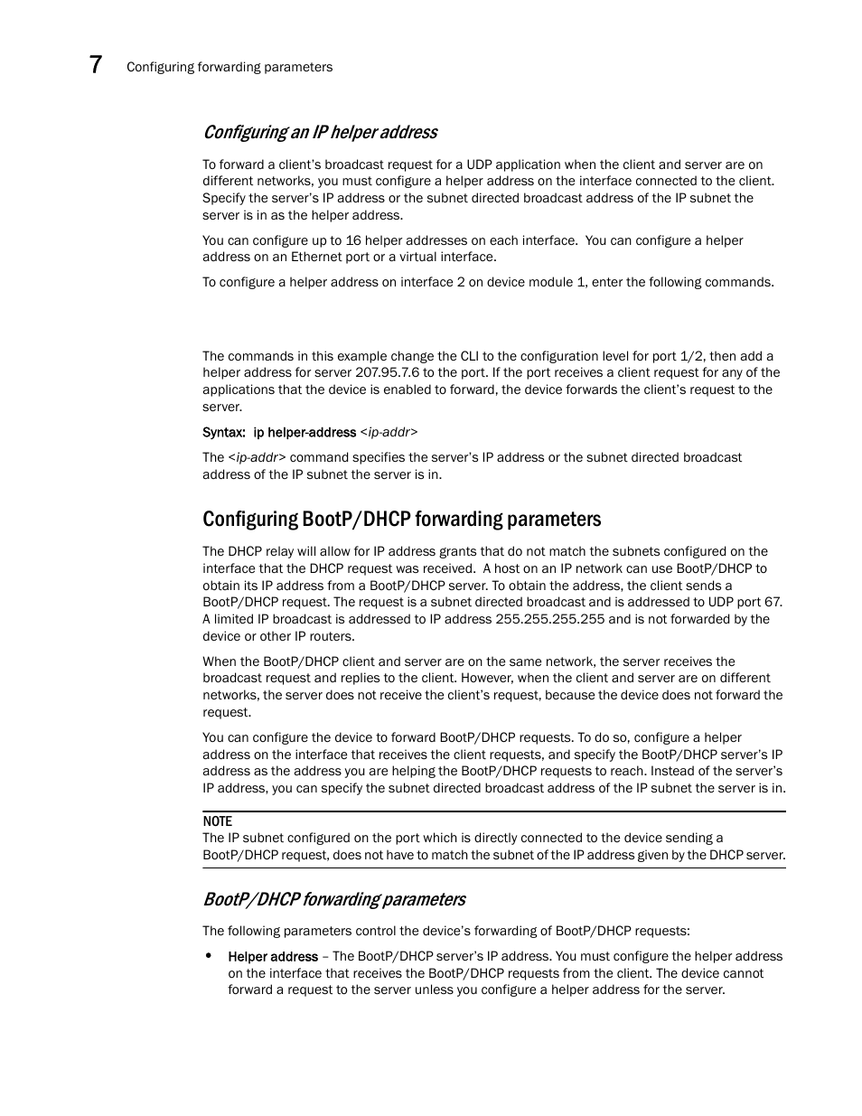 Configuring bootp/dhcp forwarding parameters, Configuring, Bootp/dhcp forwarding parameters | Configuring an ip helper address | Brocade BigIron RX Series Configuration Guide User Manual | Page 298 / 1550