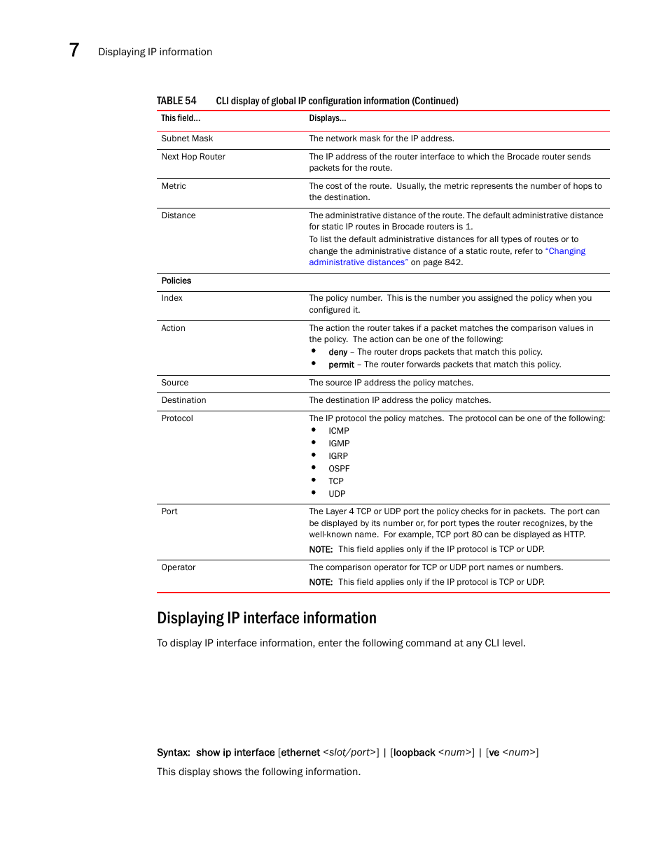 Displaying ip interface information | Brocade BigIron RX Series Configuration Guide User Manual | Page 302 / 1550