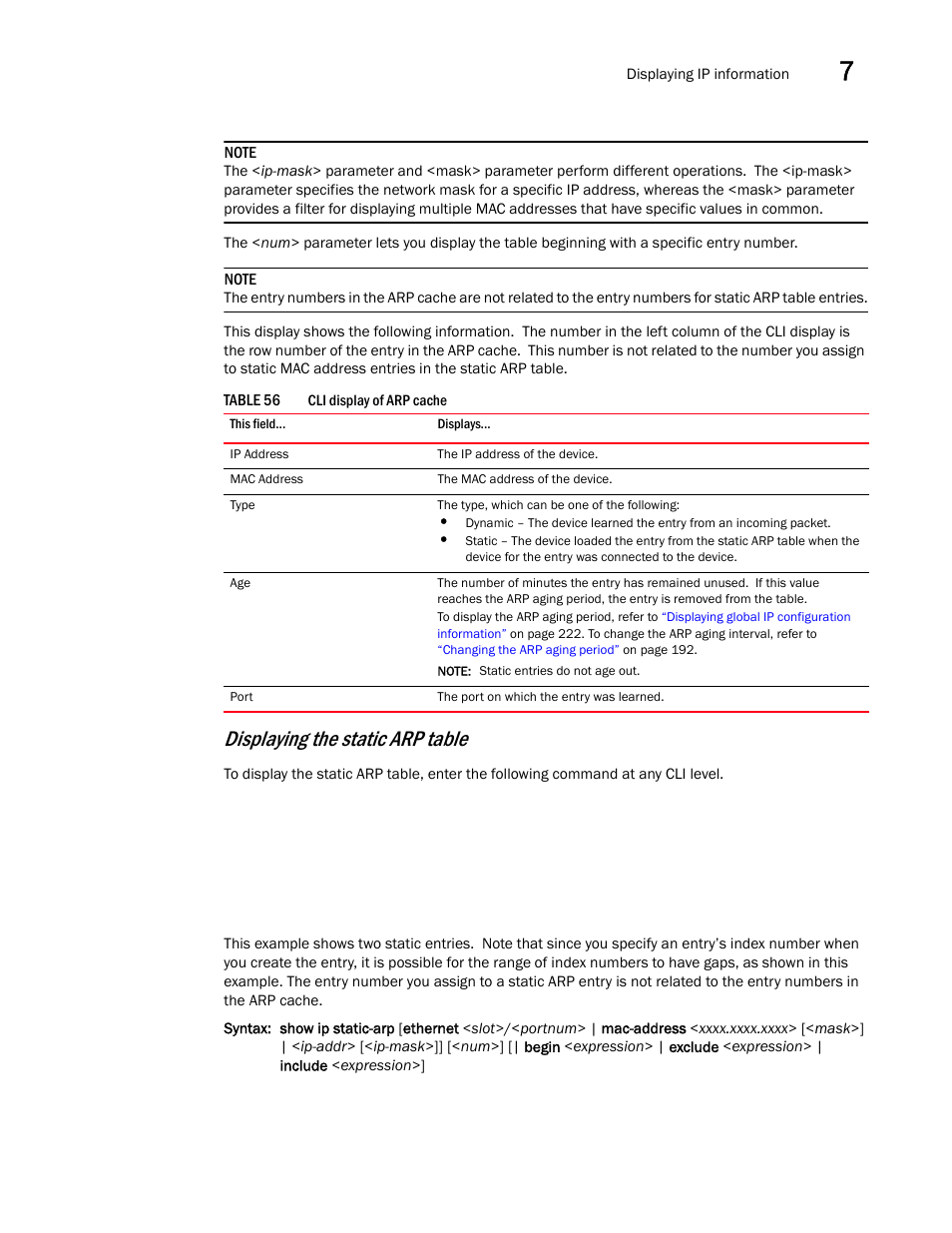 Displaying the static arp table | Brocade BigIron RX Series Configuration Guide User Manual | Page 305 / 1550