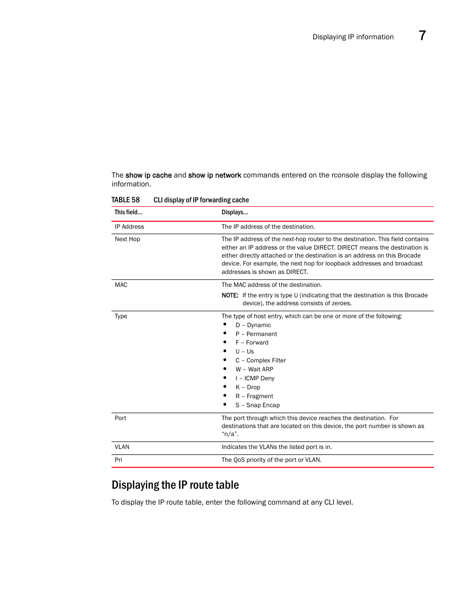 Displaying the ip route table, Displaying the ip, Route table | Brocade BigIron RX Series Configuration Guide User Manual | Page 307 / 1550
