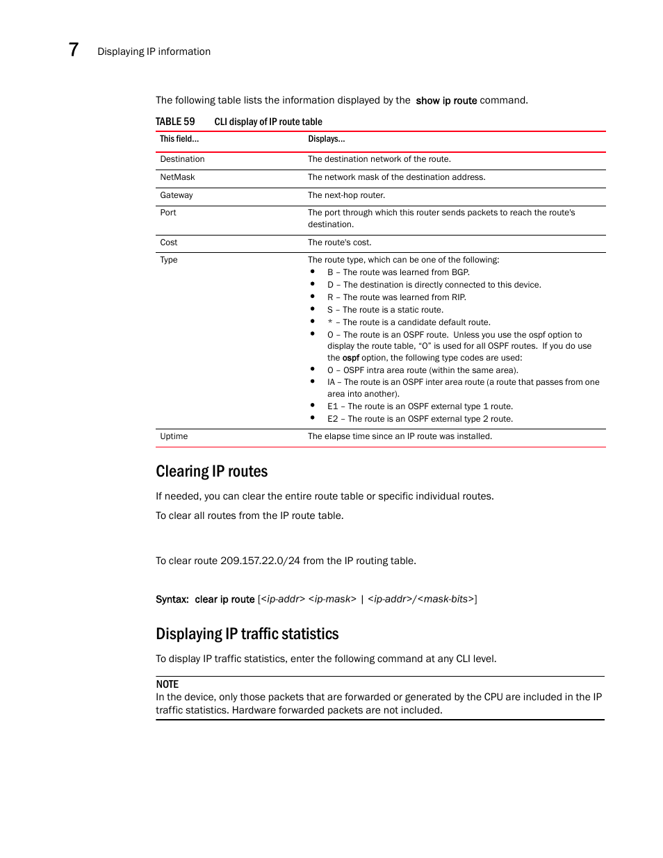 Clearing ip routes, Displaying ip traffic statistics | Brocade BigIron RX Series Configuration Guide User Manual | Page 310 / 1550