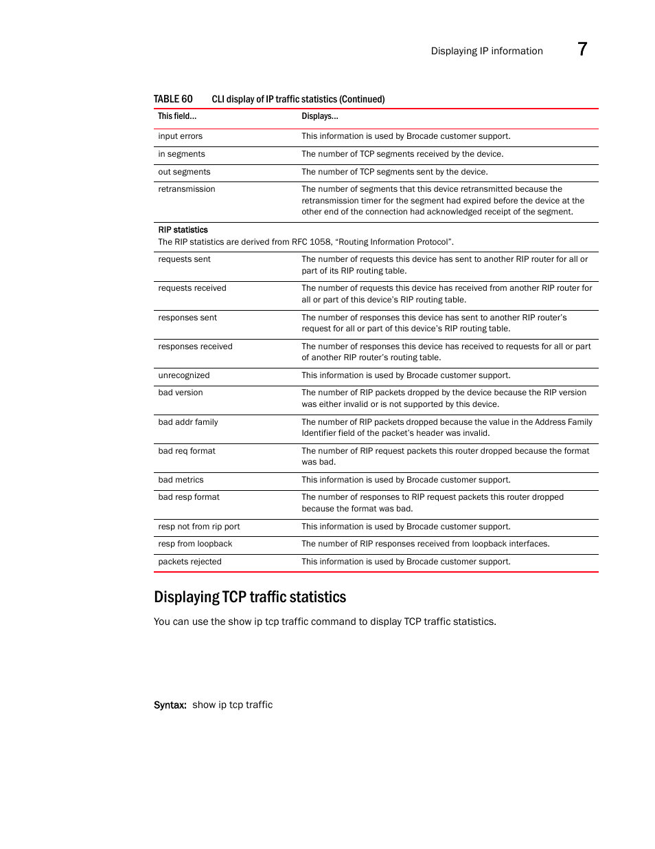 Displaying tcp traffic statistics | Brocade BigIron RX Series Configuration Guide User Manual | Page 313 / 1550