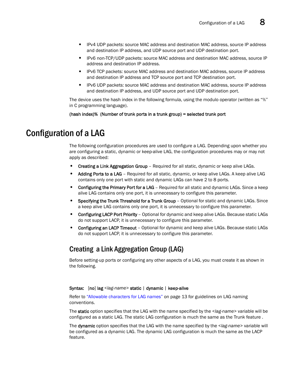 Configuration of a lag, Creating a link aggregation group (lag) | Brocade BigIron RX Series Configuration Guide User Manual | Page 319 / 1550