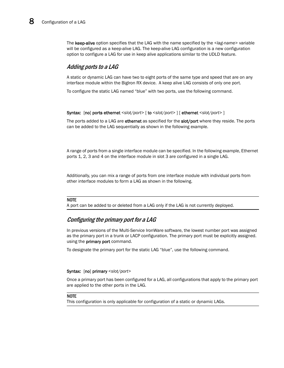 Adding ports to a lag, Configuring the primary port for a lag | Brocade BigIron RX Series Configuration Guide User Manual | Page 320 / 1550