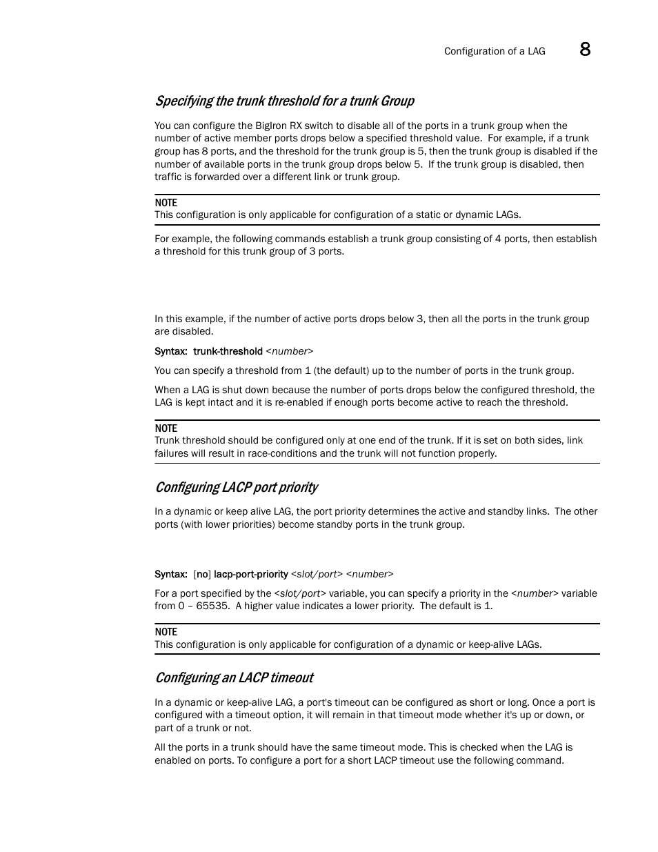 Configuring an, Lacp timeout, Specifying the trunk threshold for a trunk group | Configuring lacp port priority, Configuring an lacp timeout | Brocade BigIron RX Series Configuration Guide User Manual | Page 321 / 1550