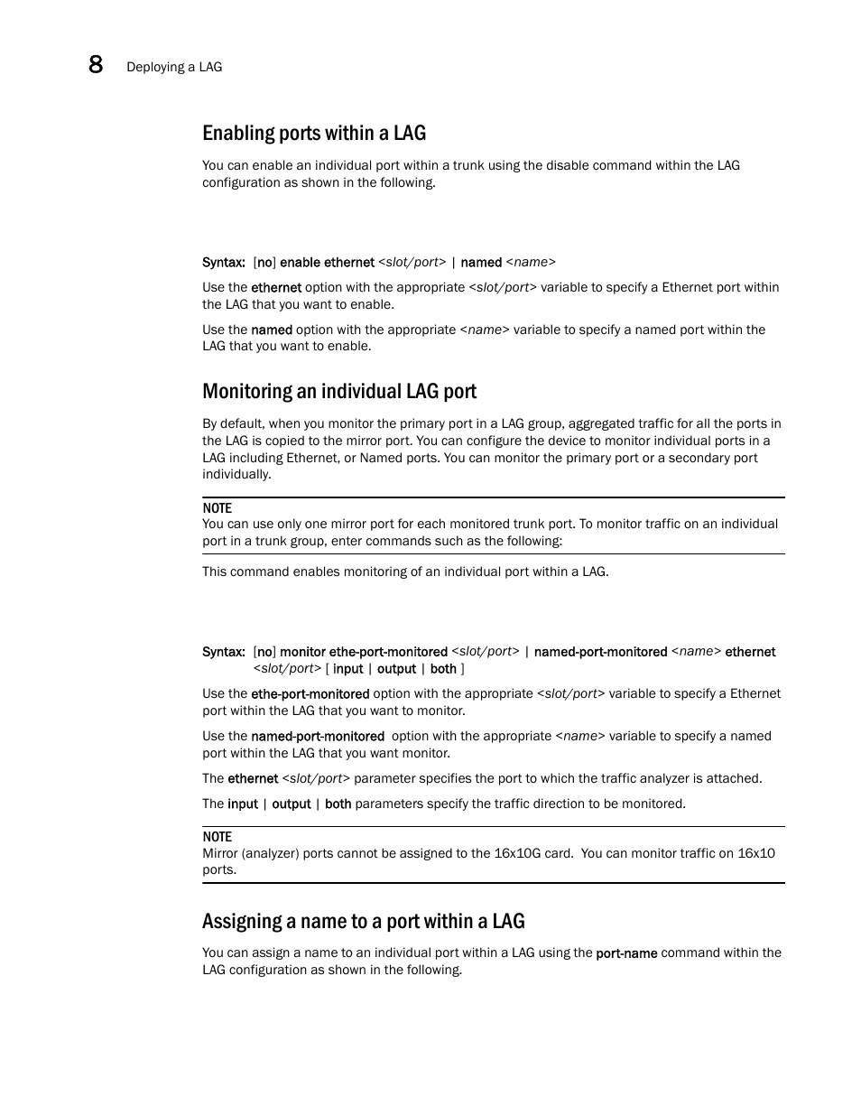 Enabling ports within a lag, Monitoring an individual lag port, Assigning a name to a port within a lag | Brocade BigIron RX Series Configuration Guide User Manual | Page 324 / 1550