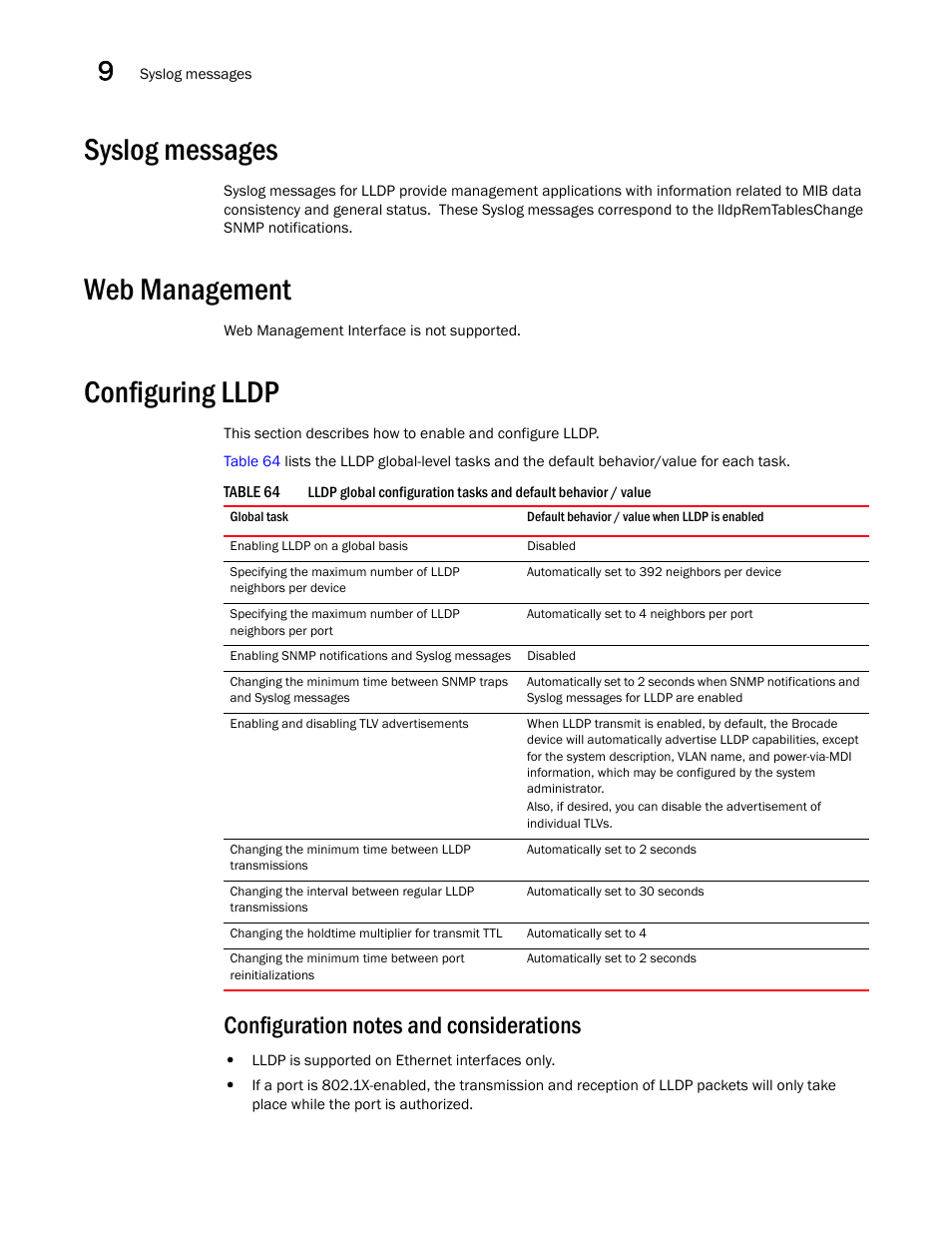 Syslog messages, Web management, Configuring lldp | Configuration notes and considerations | Brocade BigIron RX Series Configuration Guide User Manual | Page 338 / 1550