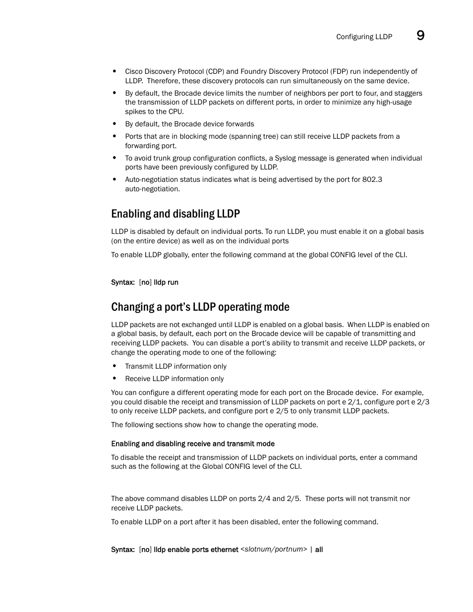 Enabling and disabling lldp, Changing a port’s lldp operating mode | Brocade BigIron RX Series Configuration Guide User Manual | Page 339 / 1550