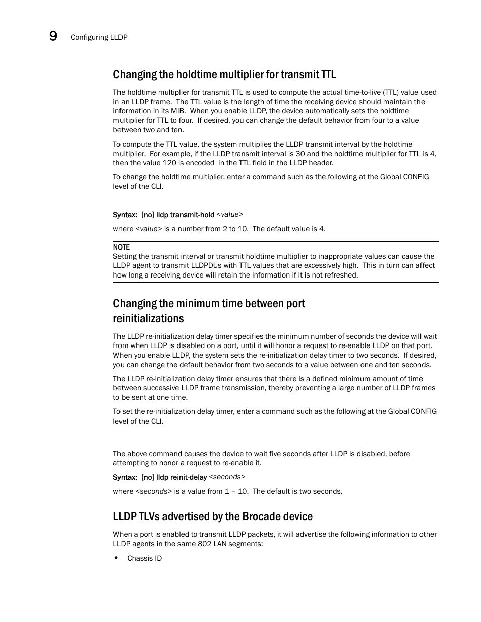 Changing the holdtime multiplier for transmit ttl, Lldp tlvs advertised by the brocade device | Brocade BigIron RX Series Configuration Guide User Manual | Page 344 / 1550