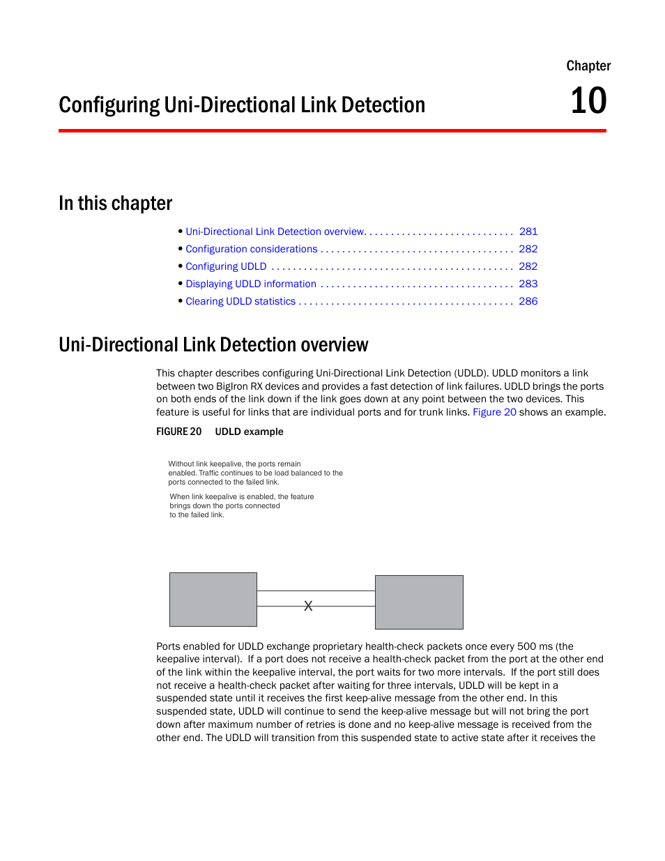 Configuring uni-directional link detection, Uni-directional link detection overview, Chapter 10 | Configuring, Uni-directional link detection | Brocade BigIron RX Series Configuration Guide User Manual | Page 359 / 1550