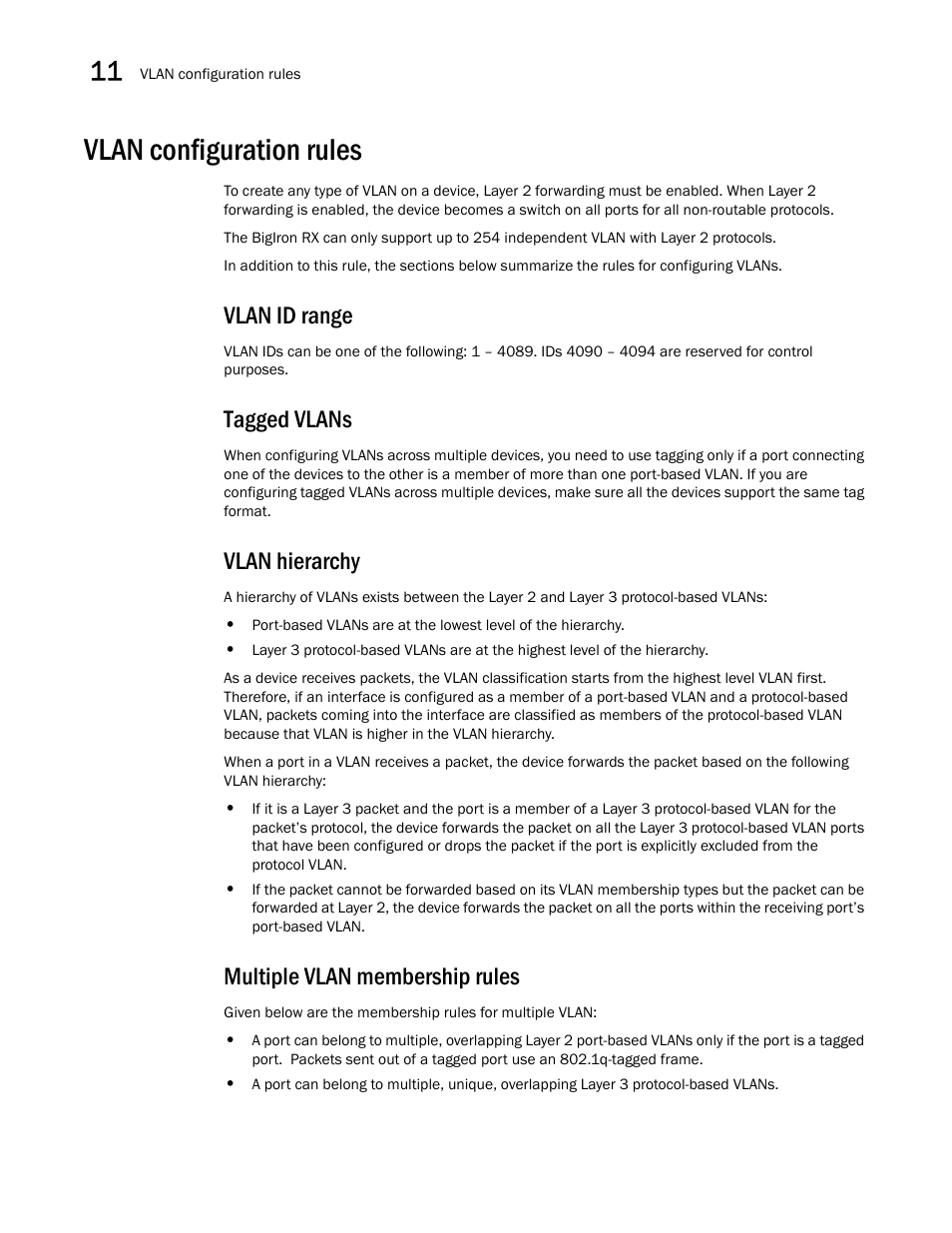 Vlan configuration rules, Vlan id range, Tagged vlans | Vlan hierarchy, Multiple vlan membership rules | Brocade BigIron RX Series Configuration Guide User Manual | Page 368 / 1550