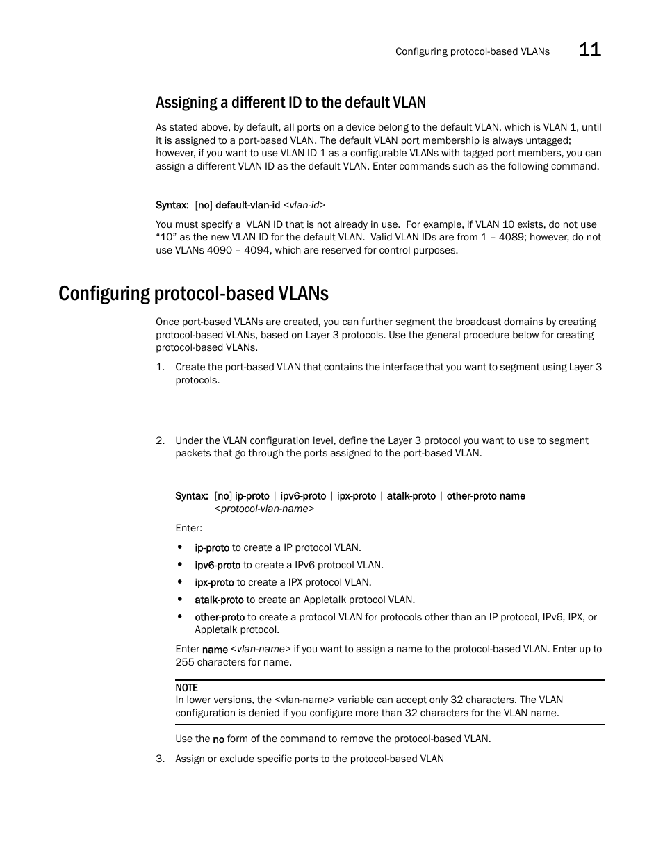 Assigning a different id to the default vlan, Configuring protocol-based vlans | Brocade BigIron RX Series Configuration Guide User Manual | Page 373 / 1550