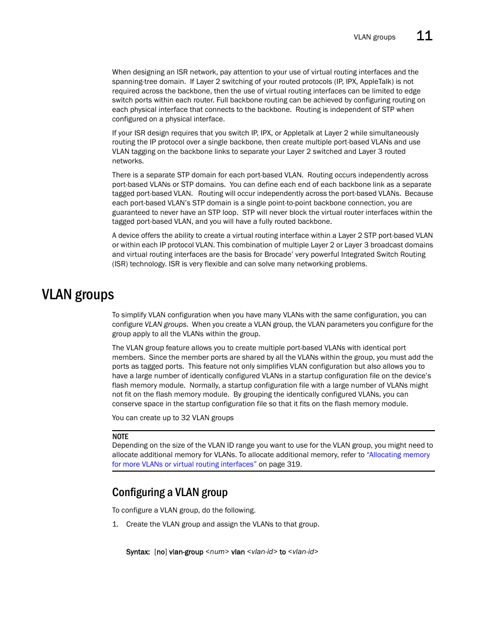 Vlan groups, Configuring a vlan group | Brocade BigIron RX Series Configuration Guide User Manual | Page 377 / 1550