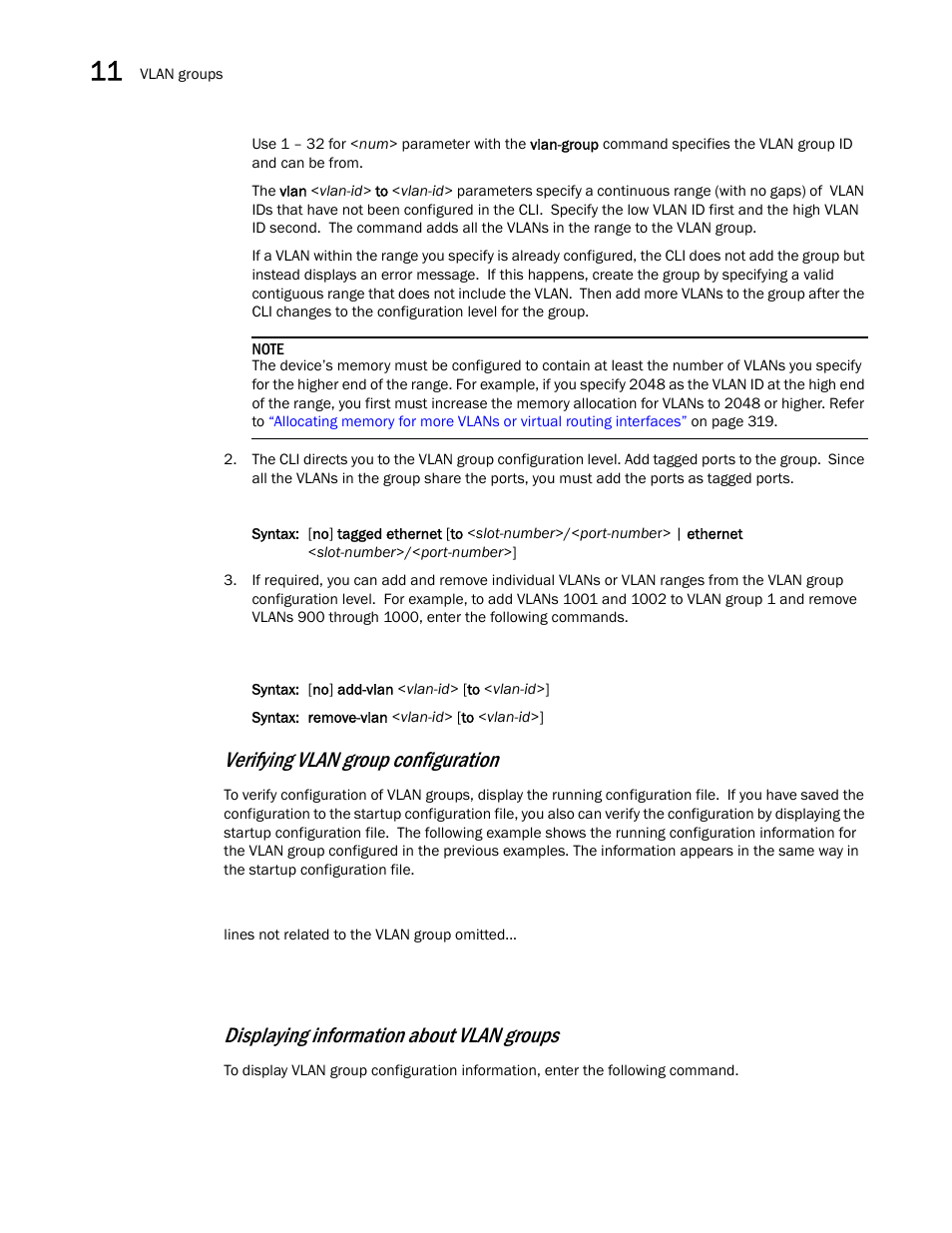 Verifying vlan group configuration, Displaying information about vlan groups | Brocade BigIron RX Series Configuration Guide User Manual | Page 378 / 1550