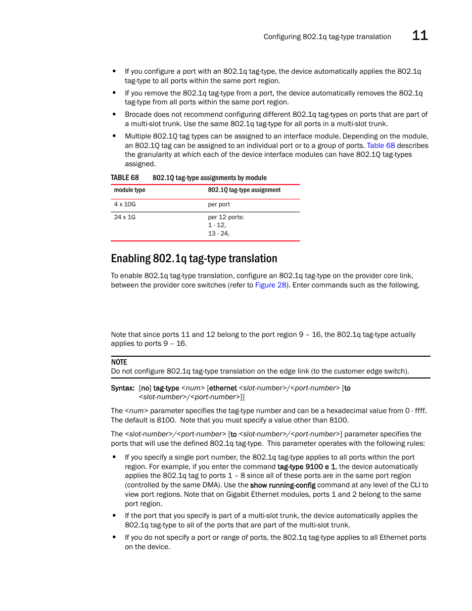 Enabling 802.1q tag-type translation | Brocade BigIron RX Series Configuration Guide User Manual | Page 391 / 1550