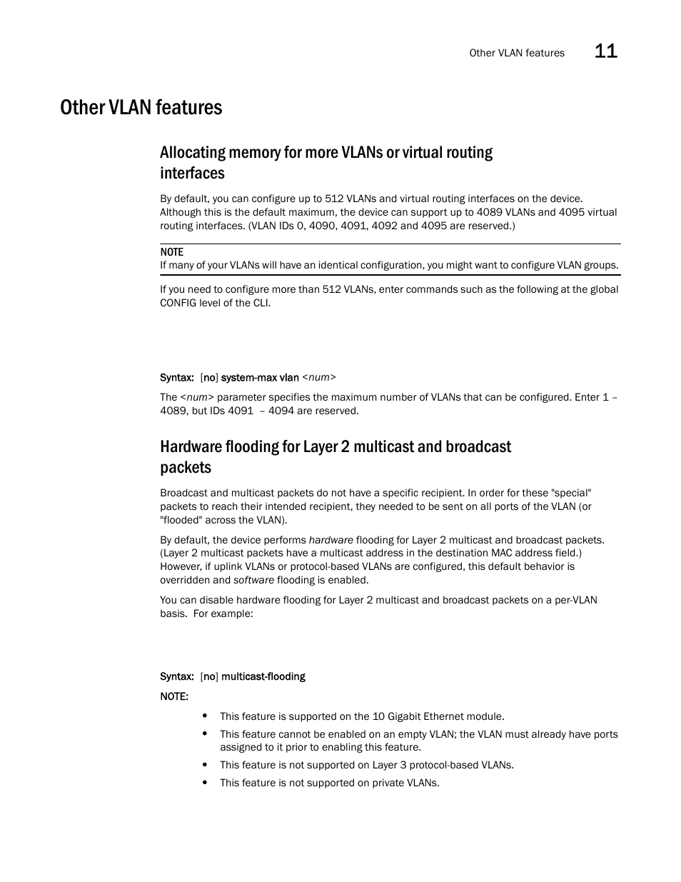 Other vlan features, Hardware, Allocating memory | For more vlans or virtual routing interfaces | Brocade BigIron RX Series Configuration Guide User Manual | Page 397 / 1550