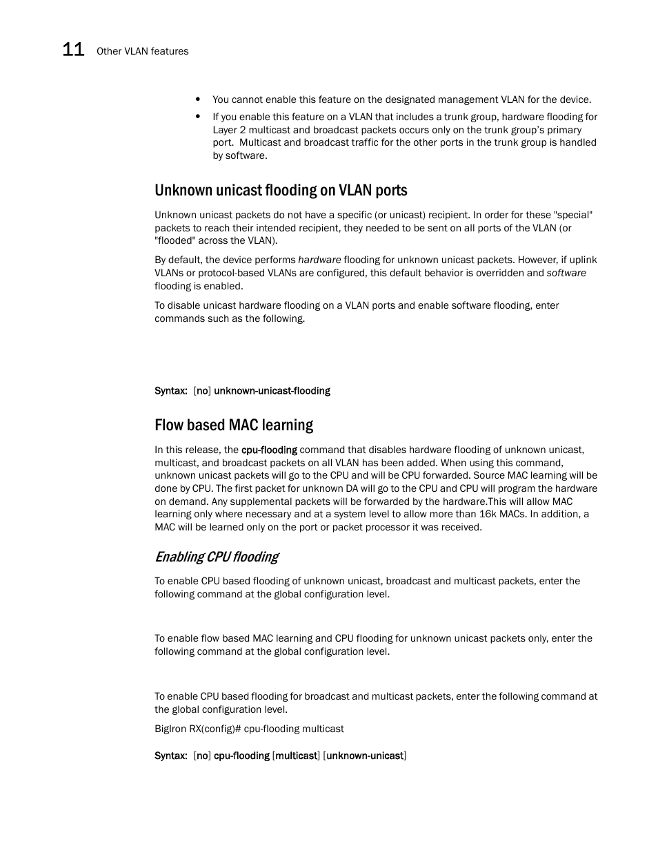 Unknown unicast flooding on vlan ports, Flow based mac learning, Flow based | Mac learning, Unknown, Unicast flooding on vlan ports, Enabling cpu flooding | Brocade BigIron RX Series Configuration Guide User Manual | Page 398 / 1550