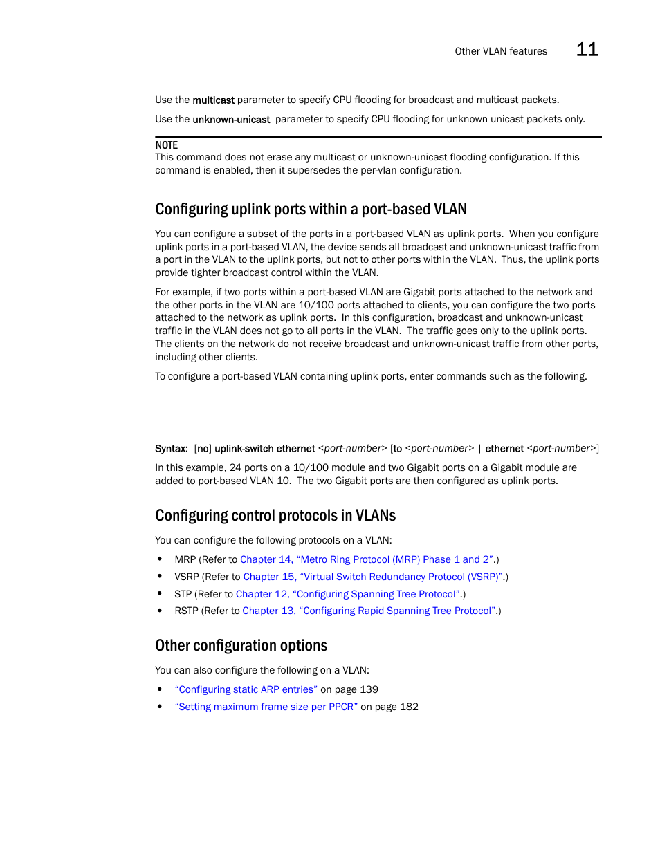 Configuring uplink ports within a port-based vlan, Configuring control protocols in vlans, Other configuration options | Brocade BigIron RX Series Configuration Guide User Manual | Page 399 / 1550