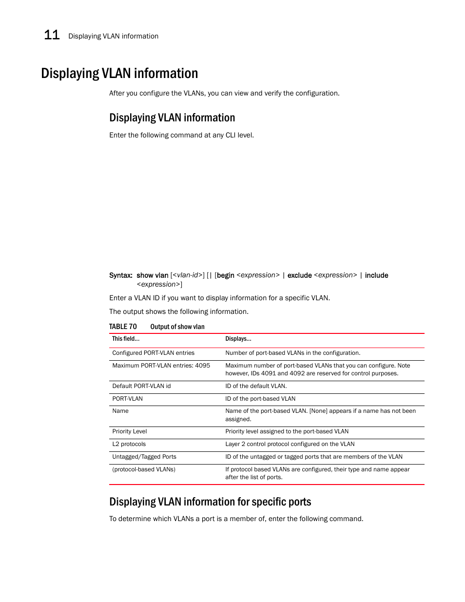 Displaying vlan information, Displaying vlan information for specific ports | Brocade BigIron RX Series Configuration Guide User Manual | Page 400 / 1550