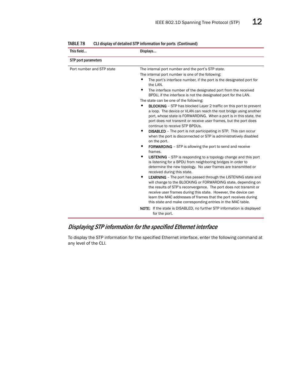 Displaying stp information, For the specified ethernet interface | Brocade BigIron RX Series Configuration Guide User Manual | Page 417 / 1550