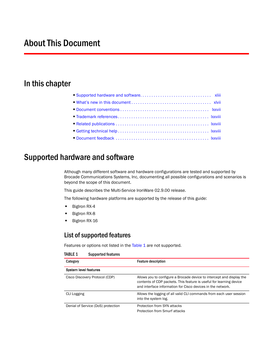 About this document, Supported hardware and software, List of supported features | Brocade BigIron RX Series Configuration Guide User Manual | Page 43 / 1550