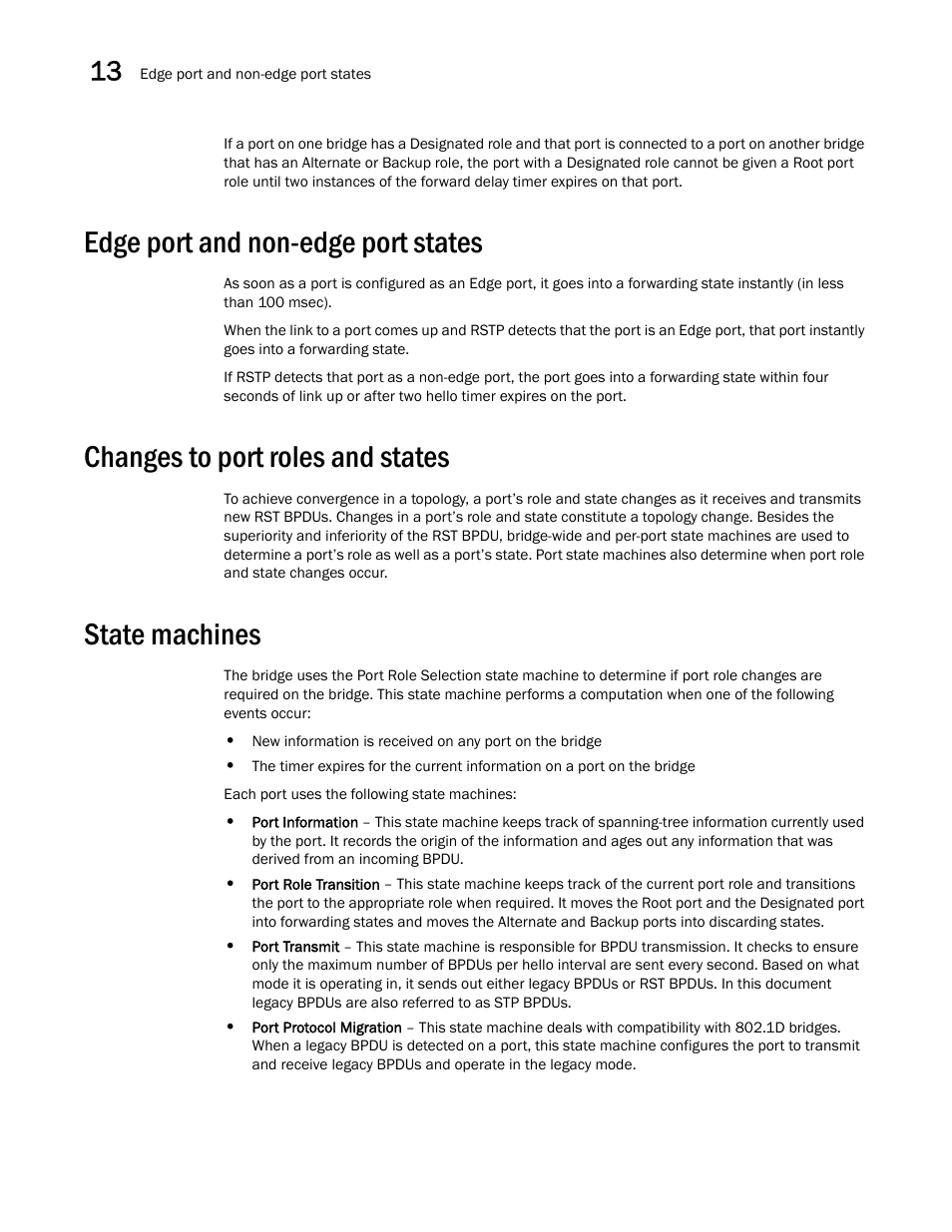 Edge port and non-edge port states, Changes to port roles and states, State machines | Brocade BigIron RX Series Configuration Guide User Manual | Page 442 / 1550