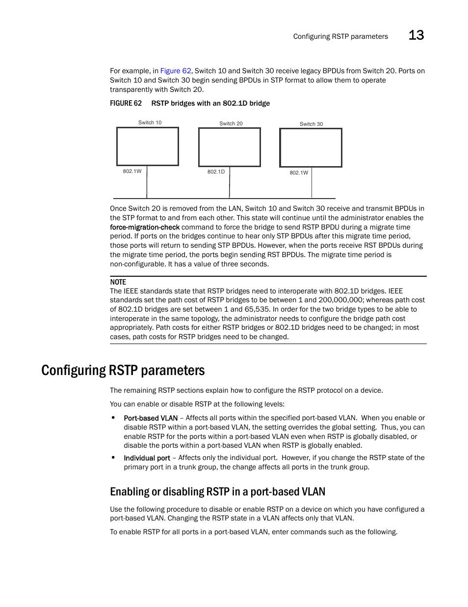 Configuring rstp parameters, Enabling or disabling rstp in a port-based vlan | Brocade BigIron RX Series Configuration Guide User Manual | Page 465 / 1550