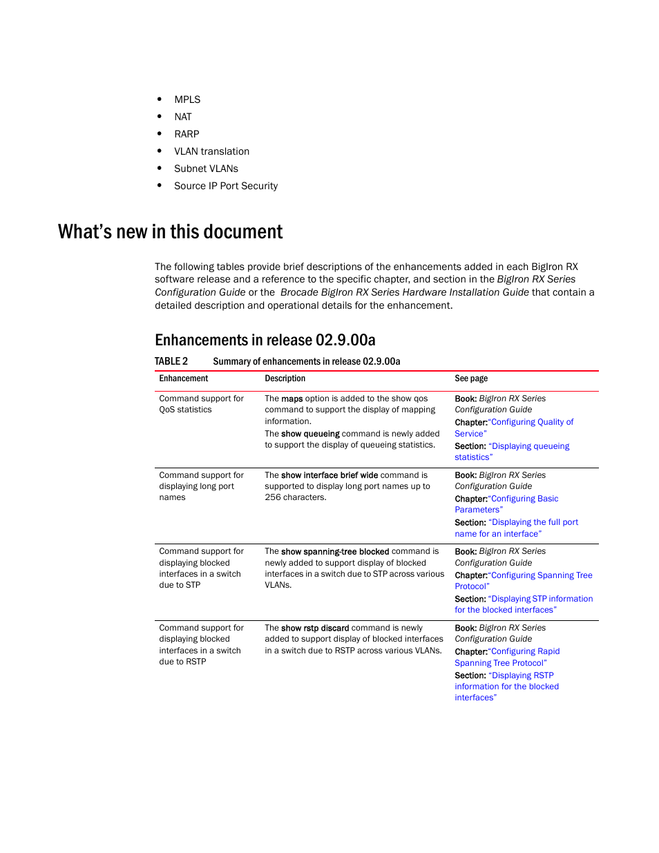 What’s new in this document, Enhancements in release 02.9.00a | Brocade BigIron RX Series Configuration Guide User Manual | Page 47 / 1550