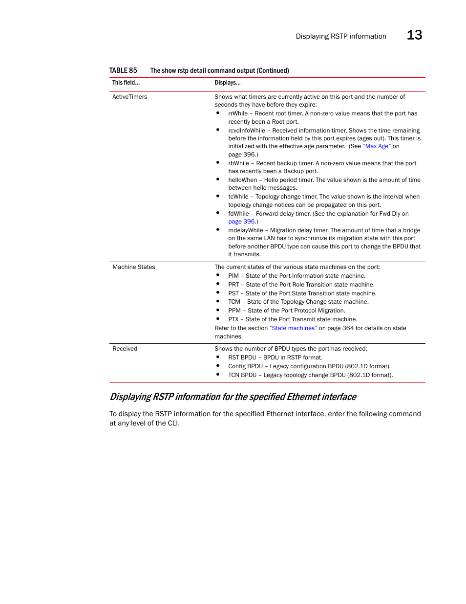 Displaying rstp, Information for the specified ethernet interface | Brocade BigIron RX Series Configuration Guide User Manual | Page 477 / 1550